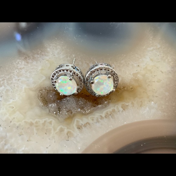 Sterling silver opal stud earrings cubic zirconia pave round halo earrings - Picture 2 of 7